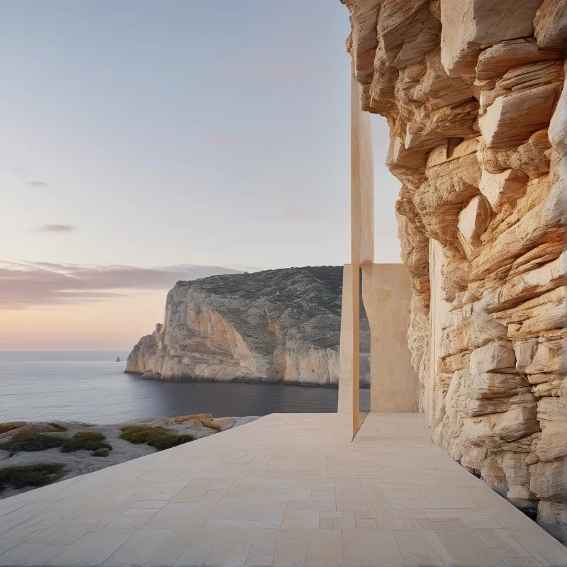 A smooth stone terrace extends from a rough cliff face toward the horizon where the ocean meets the sky.