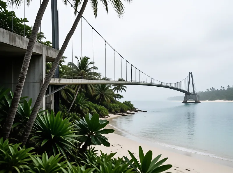 A large suspension bridge arcs over calm turquoise water connecting a shore lined with palm trees under a cloudy sky.