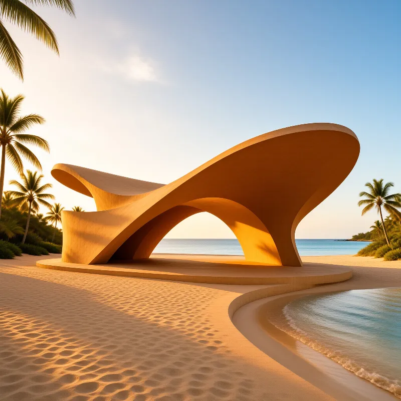 A flowing beige structure rests on the sand near the water with palm trees in the background.