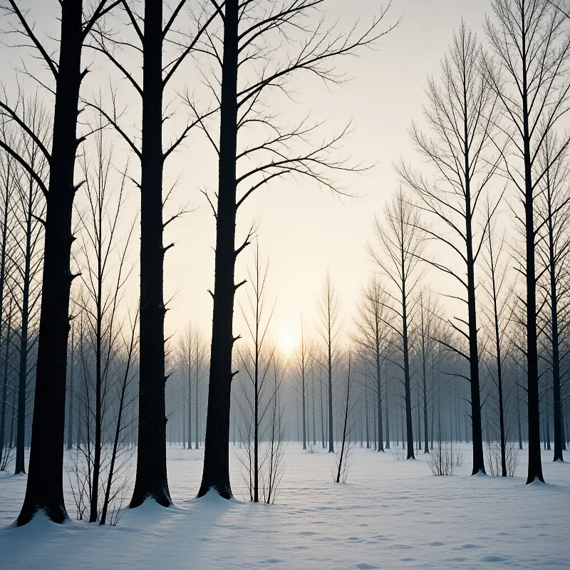 Bare dark trees stand in snow beneath a pale yellow sun low in a misty winter sky