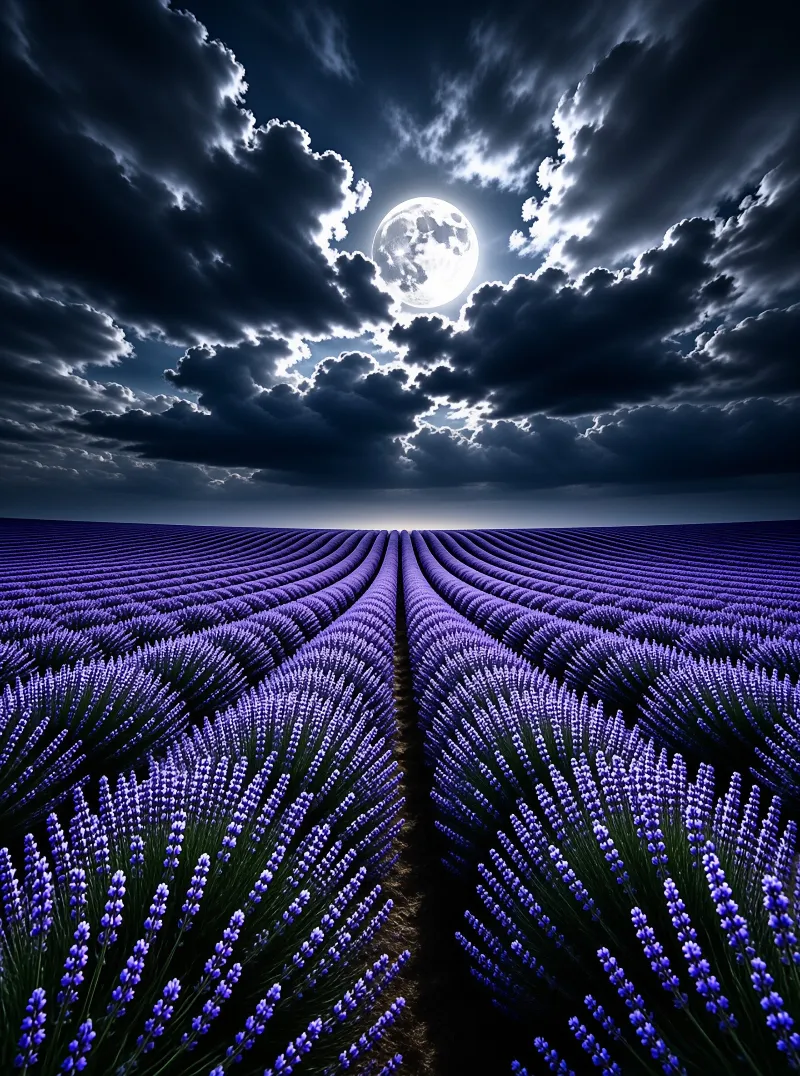 Moonlit Lavender Field at Night