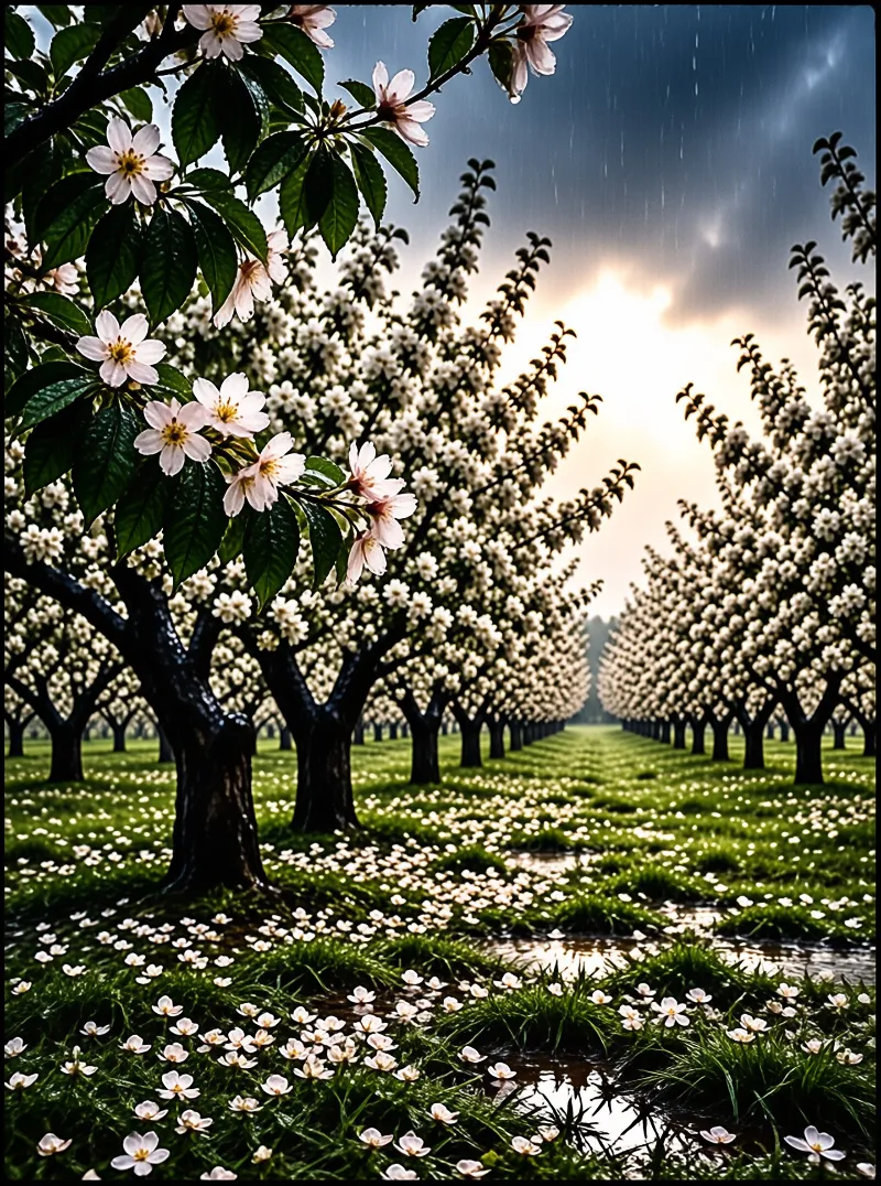 Rows of white flowering trees stand in a green field while rain falls and sunlight breaks through the clouds.