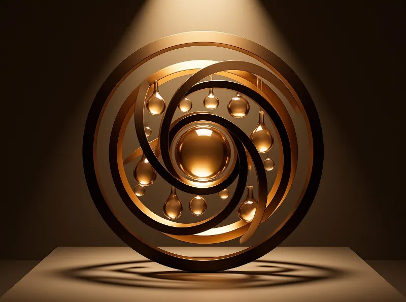 A golden spiral sculpture featuring suspended spheres illuminated by a focused spotlight against a dark background.