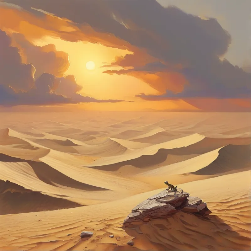 A small frog sits on a rock among rolling orange sand dunes, with the sun glowing behind thick warm clouds at sunset.