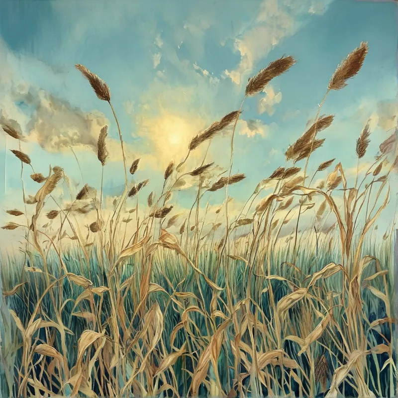 Tall wheat stalks with brown heads stand in a field against a bright blue sky with scattered clouds.