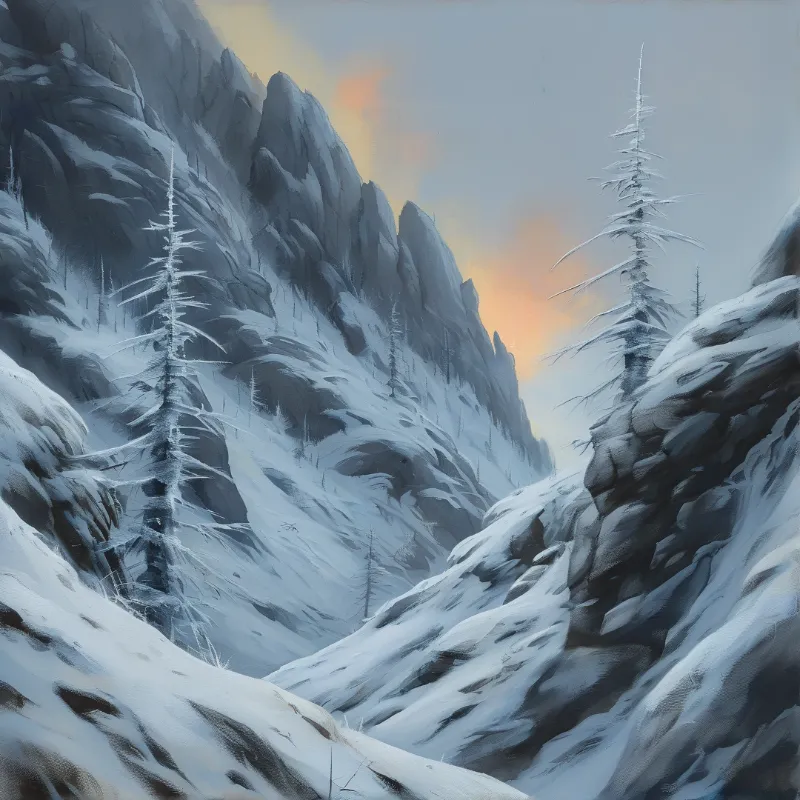 Ice covered trees stand on snowy slopes while a warm orange glow illuminates the distant mountain peaks.