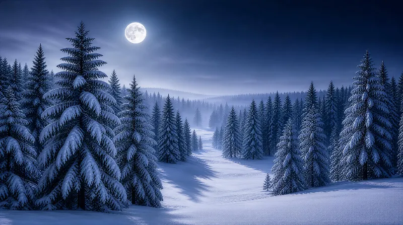 Winter Night Forest with Full Moon
