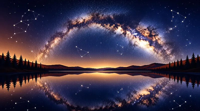 A brilliant arch of stars spans the night sky above a calm lake that mirrors the galaxy and silhouetted forest.