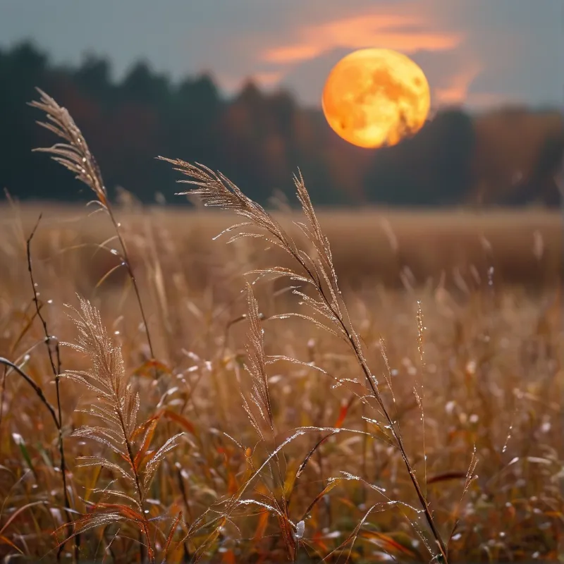 Dewy Grass Under Sunset Moon