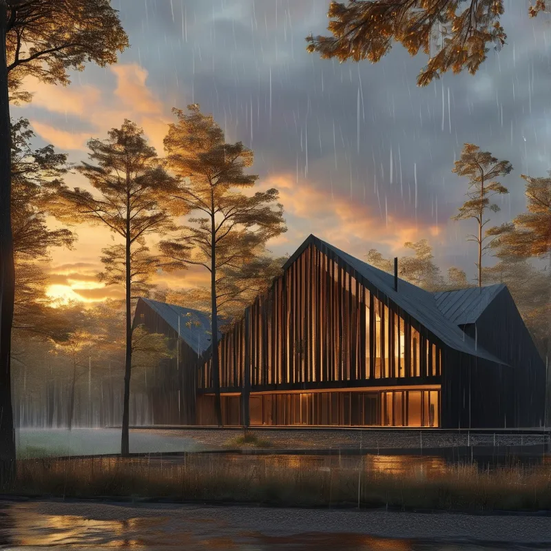 Angular dark wood cabins with tall glass gables glow warmly among slender pines during a soft evening rain.