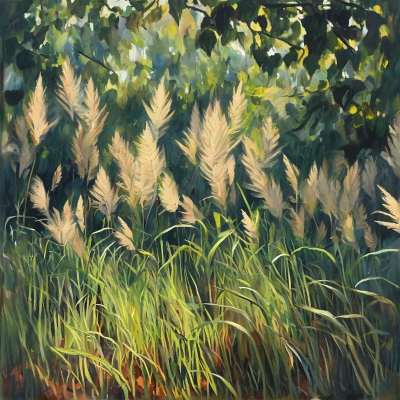 Tall feathery pampas grass plumes rise above green blades in a sun-dappled woodland clearing