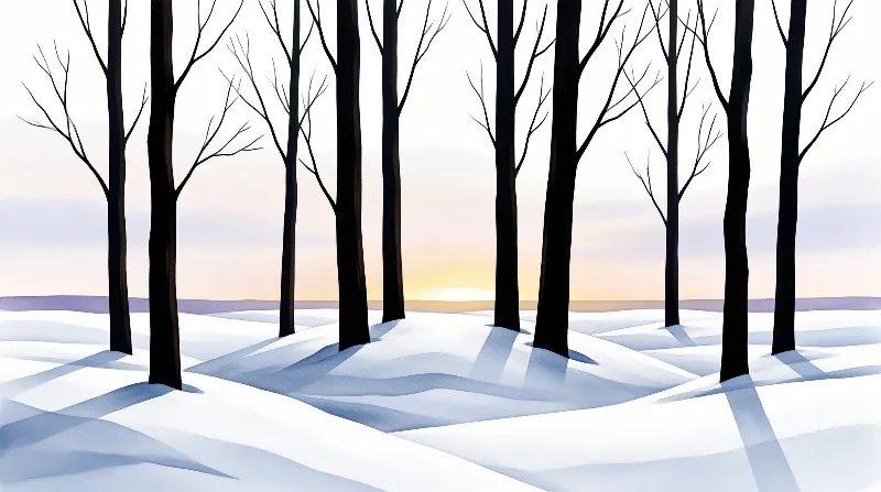 Tall dark trees stand in a snowy field while a low sun casts long shadows across the white ground.