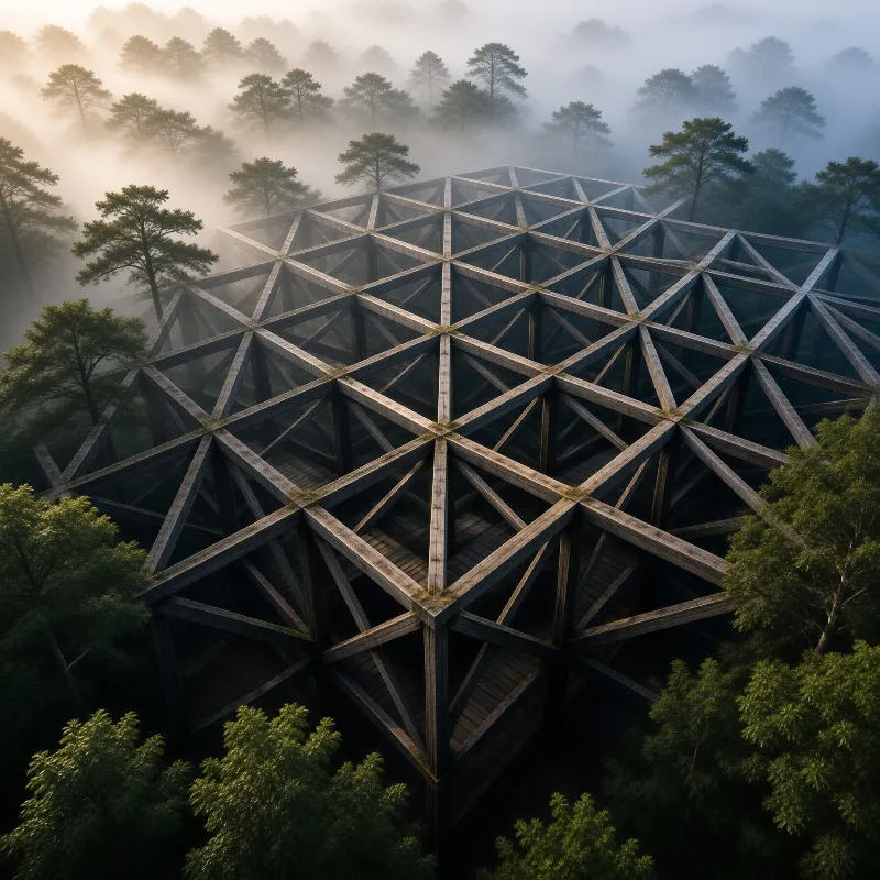A large skeletal wooden dome rises above pine trees in a thick fog while soft morning light filters through the mist.