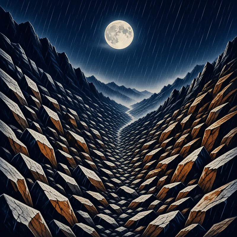 Sharp geometric rock formations create a deep valley under a bright moon and diagonal rain streaks.
