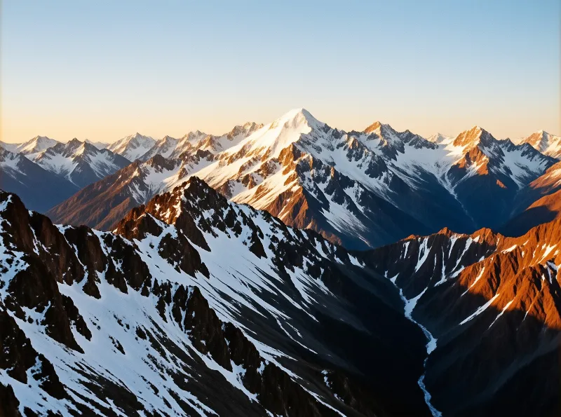 Snow covered mountain ridges stretch away to sunlit alpine summits, low light casts dark shadows into the foreground valleys.