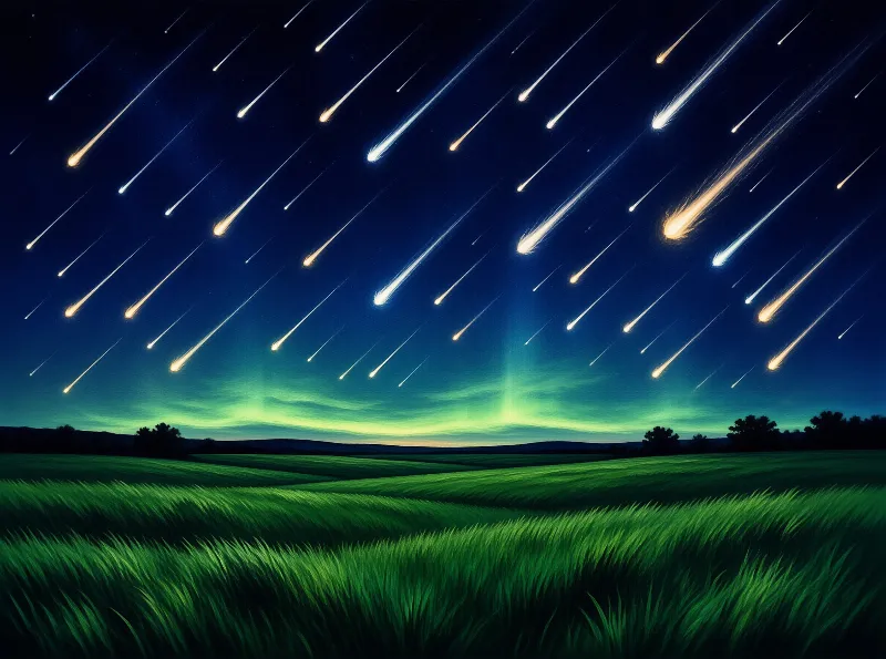 Bright meteors streak across a dark blue night sky above a vibrant green field lit by a horizon glow.