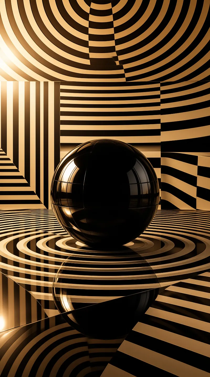 A glossy black sphere rests on a reflective floor inside a room with high contrast black and gold striped walls.