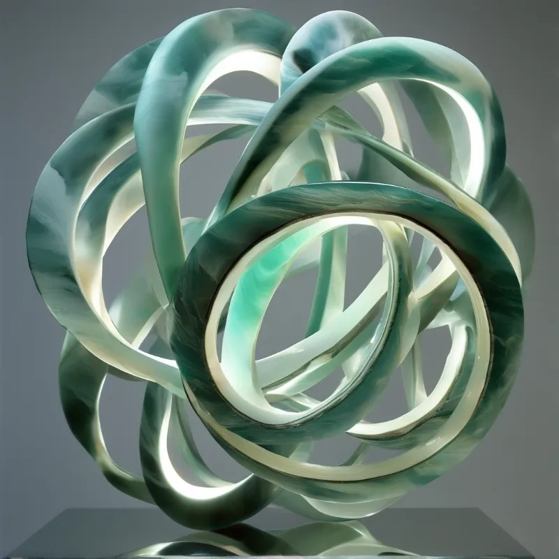 Glossy green and white marble loops intertwine into a luminous abstract sculpture on a grey stage.