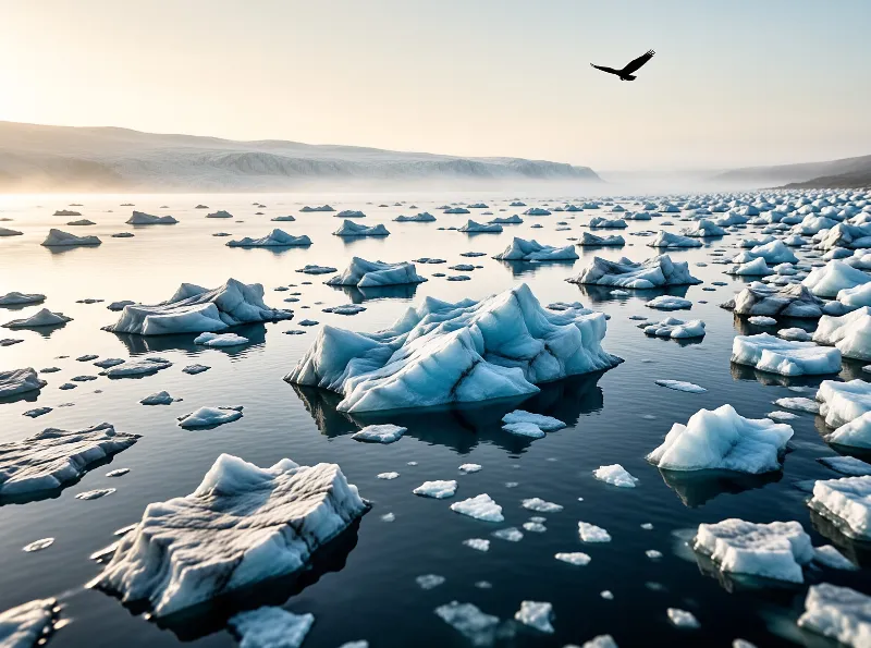Icebergs drift across a calm bay near snowy hills under soft warm sunlight.