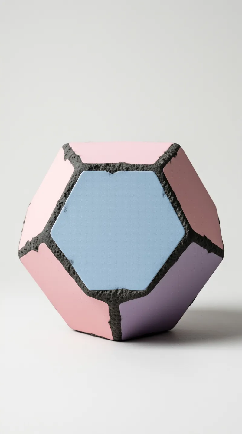 A faceted object displays smooth pastel pink, blue, and purple panels separated by rough, dark, porous edges.