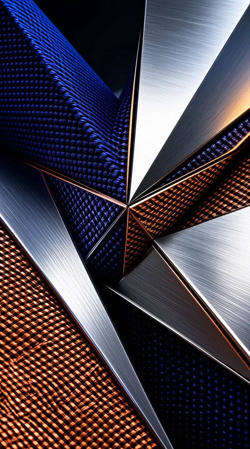 Close up view of geometric shapes featuring brushed silver surfaces and woven copper and blue panels converging at a center point.