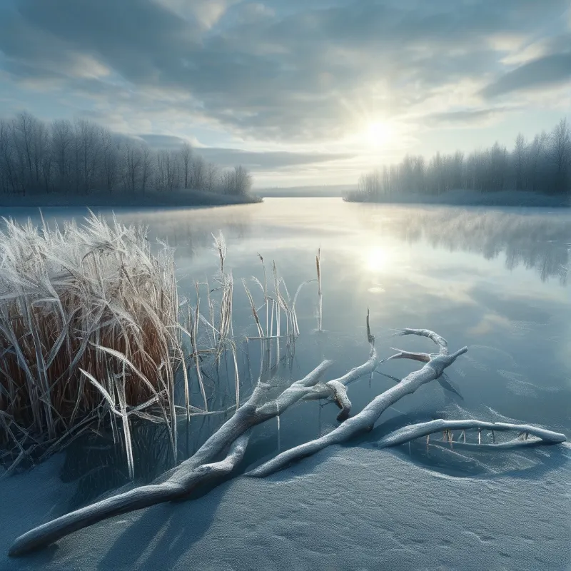 Frosty driftwood lies across an icy river while frosted reeds stand nearby reflecting bright winter sunlight.