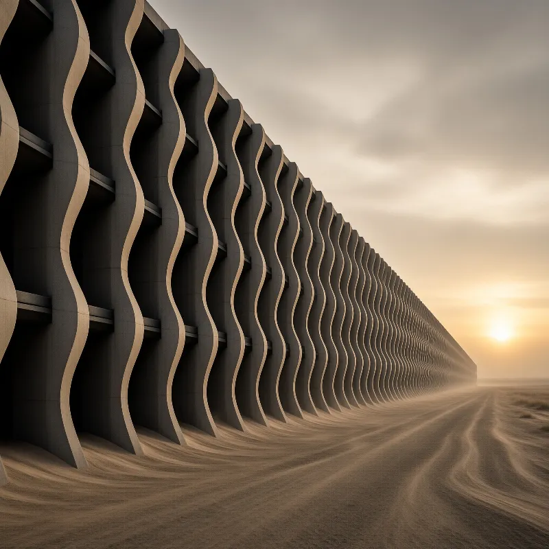 A massive architectural wall with a zigzagging wavy pattern stretches across a sandy desert landscape under a cloudy sky.