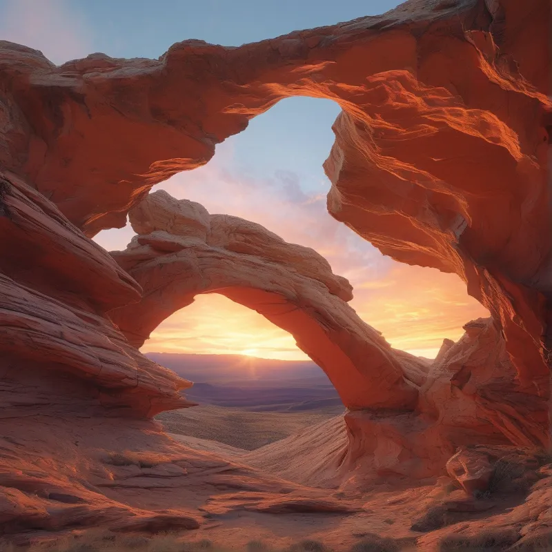 A natural rock formation with multiple openings reveals a glowing sunset over a vast arid valley.