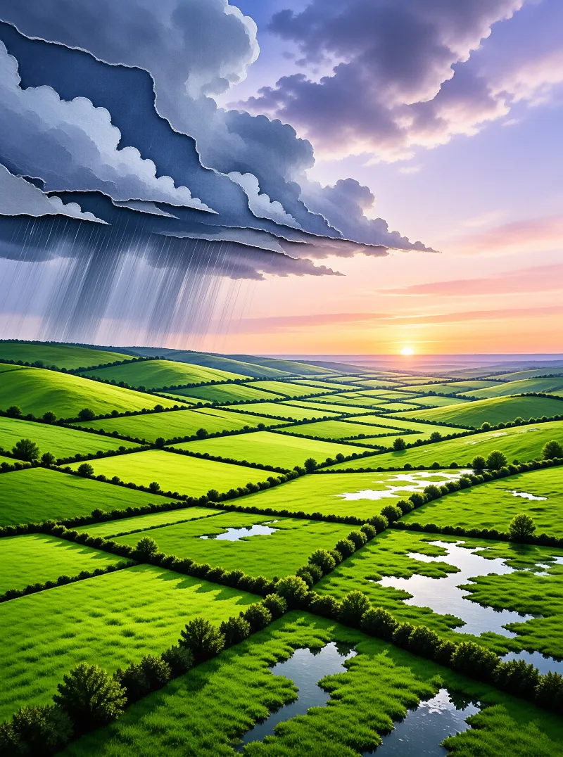 Green fields divided by hedges meet a winding stream under a sky splitting between dark rain and a warm sunset glow.