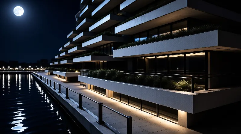 A modern multi-story building with cantilevered balconies stands beside calm water under a full moon at night.