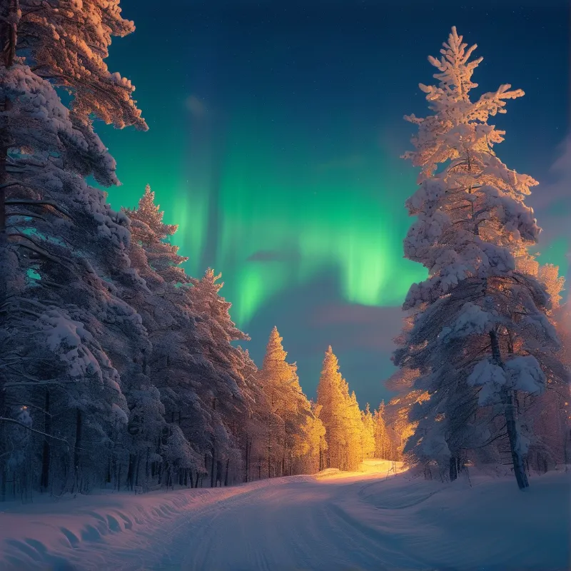 Aurora over Snowy Pines