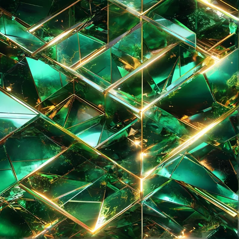 Interlocking emerald green crystal facets shimmer with intense yellow highlights along the sharp geometric boundaries.