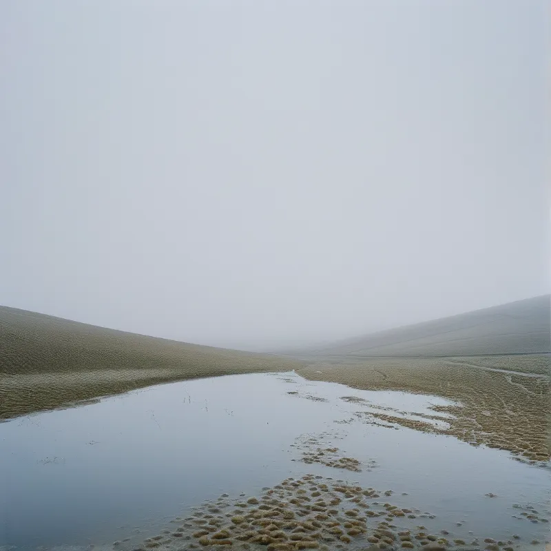 A narrow strip of water cuts between large sandy slopes under a thick layer of grey fog.