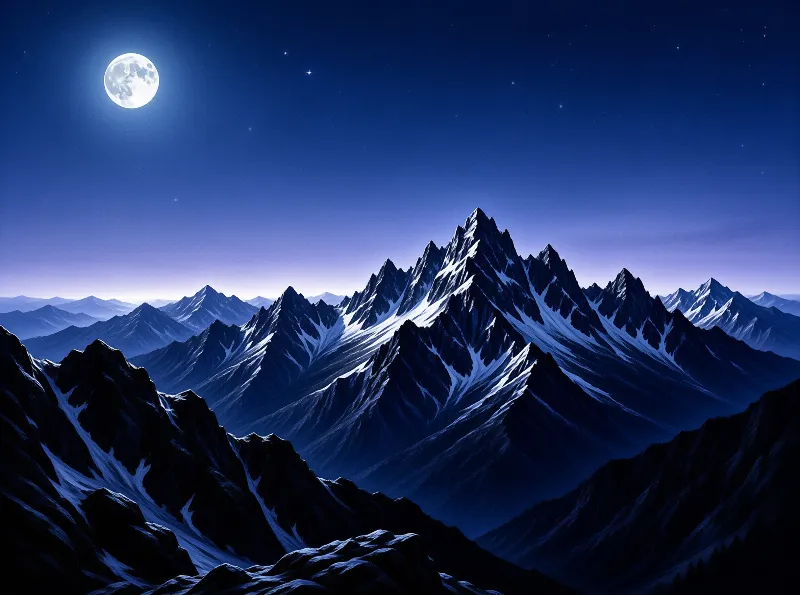 Sharp, snow-covered peaks rise against a deep blue night sky, illuminated by the moon's silver glow in the upper left.