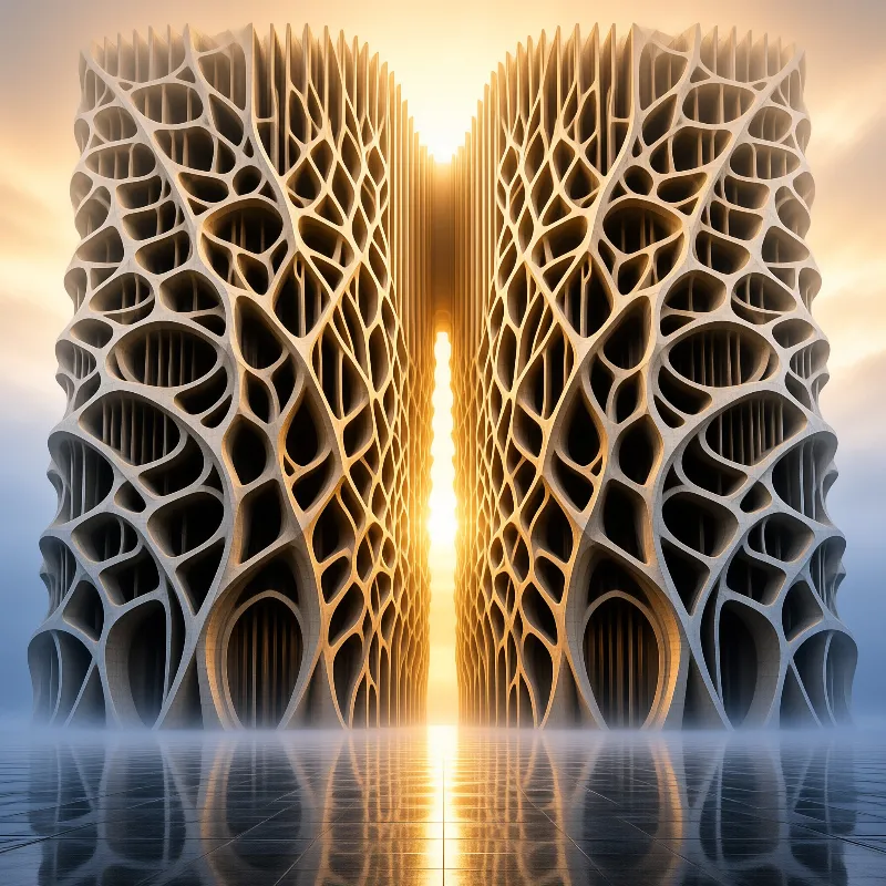 Organic porous towers stand facing each other with brilliant golden light streaming through the central gap above a reflective misty floor.