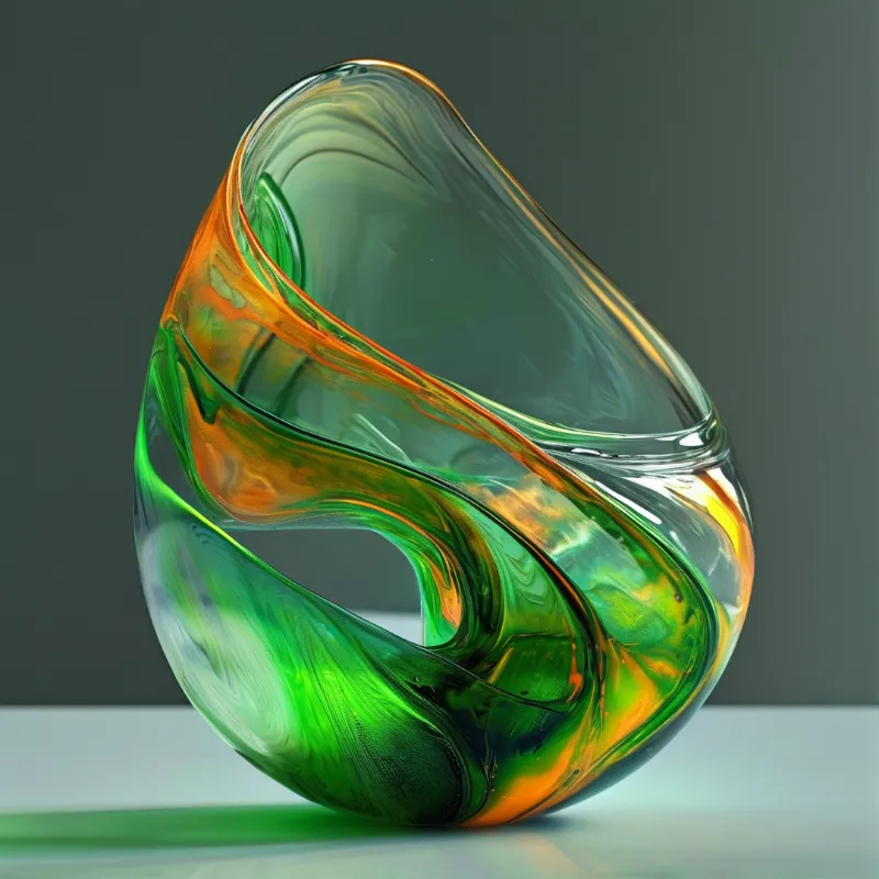 A translucent glass vessel features swirling bands of emerald green and burnt orange against a neutral grey background.