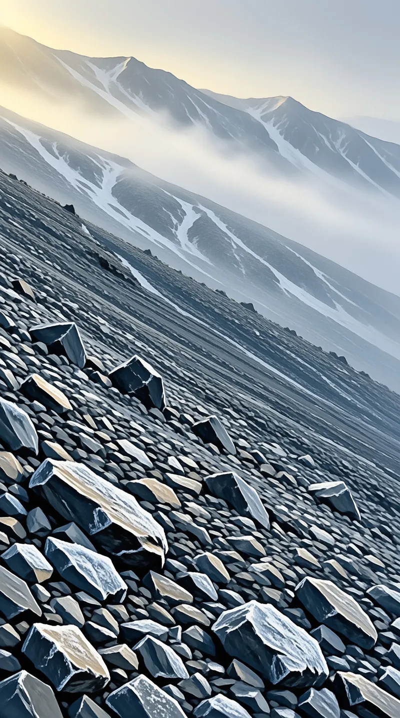Faceted grey stones blanket a steep flank while thin snow bands and drifting cloud soften the distant ridges.