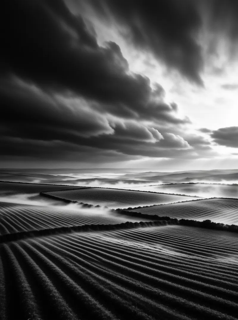 Black and white landscape of rolling hills with distinct crop rows fading into mist under a turbulent sky.