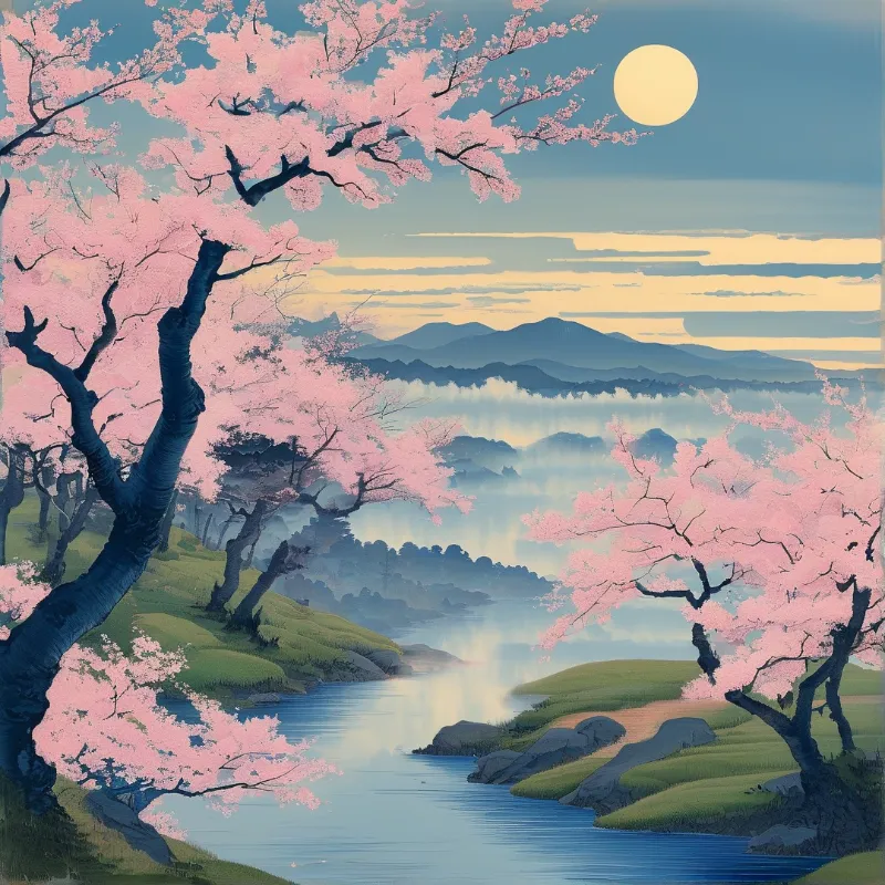 Pink cherry blossoms frame a winding river leading toward misty mountains under a luminous yellow moon.