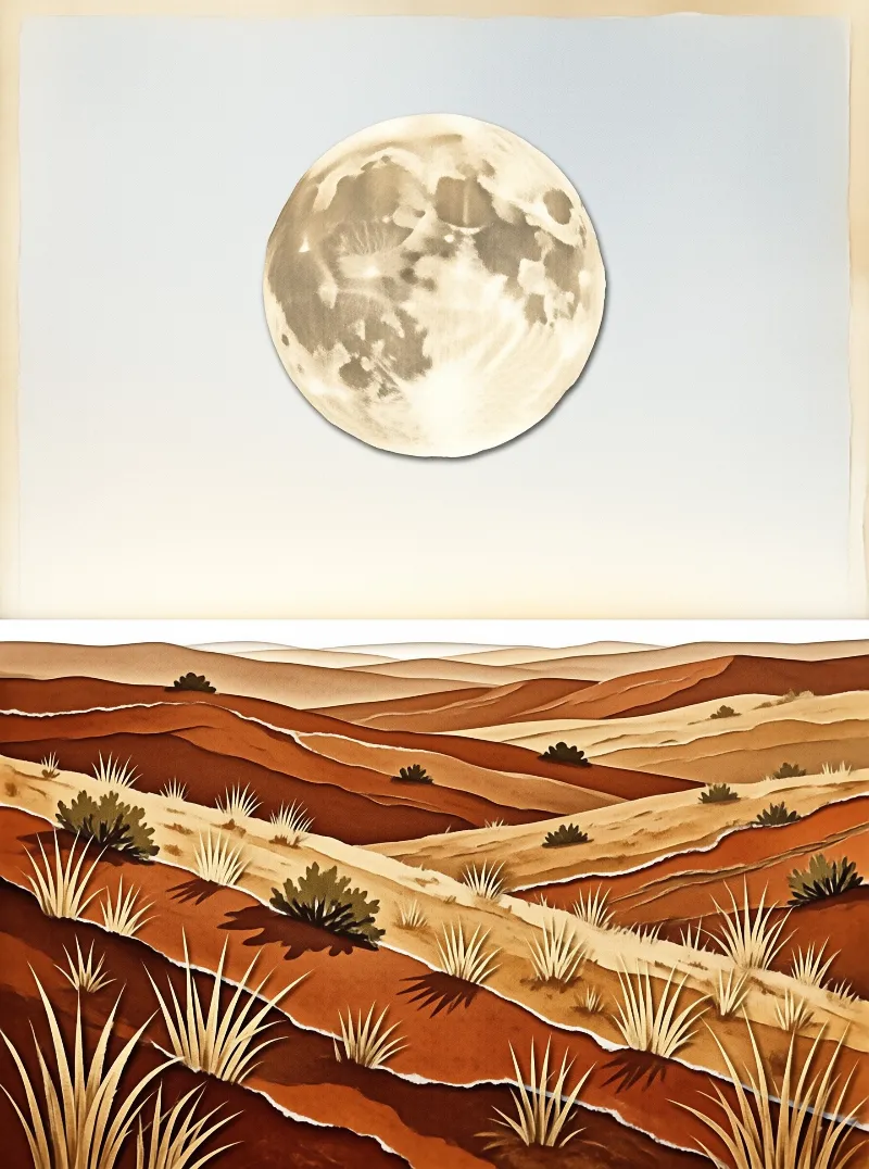A massive luminous sphere floats in a pale sky above terraced reddish earth scattered with spiky plants.