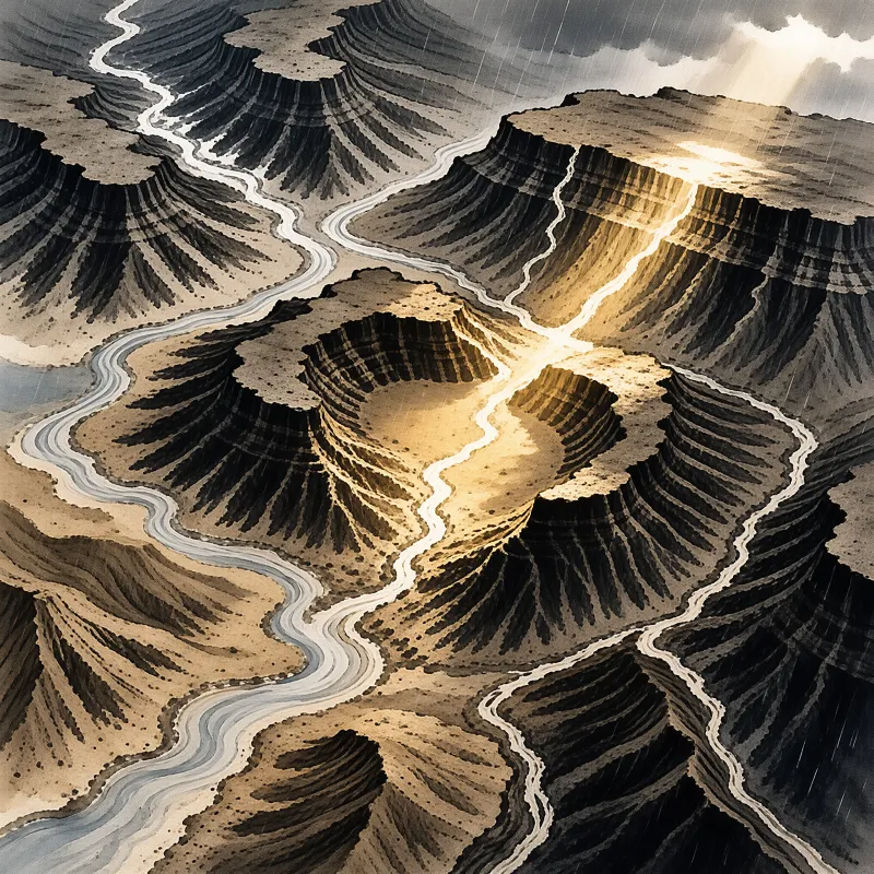 A watercolor landscape features white rivers winding through dark cratered hills illuminated by a beam of sunlight.