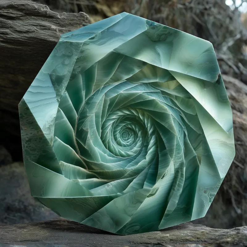 A faceted teal gemstone forms a deep spiral pattern while resting on rough weathered driftwood under diffuse daylight.