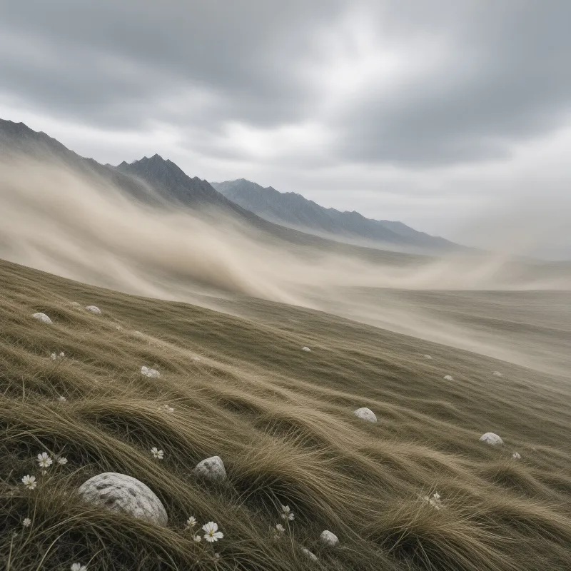 A grassy hillside dotted with white stones sits beneath a thick layer of fog covering distant mountain peaks.