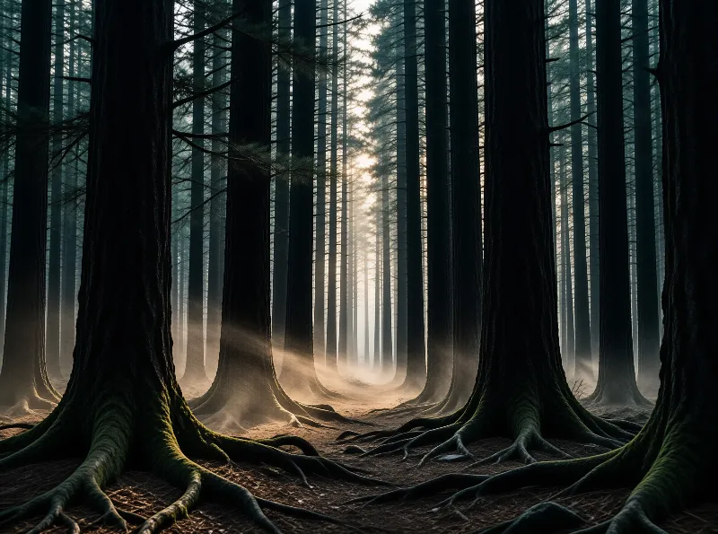 Bright rays of sunlight pierce the darkness of a dense woodland featuring massive vertical trunks and exposed roots.