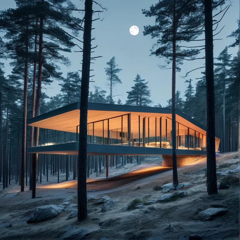 Contemporary structure sits among tall pines as warm interior light contrasts with blue twilight sky and bright moon.