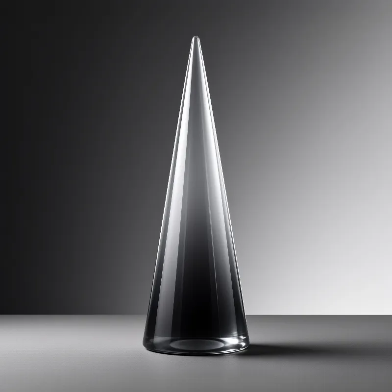 A tall translucent glass cone with a dark gradient core stands on a smooth gray surface under soft studio light.
