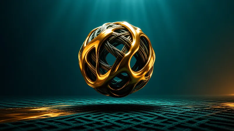 A shiny golden wire sphere floats above a textured dark floor illuminated by teal light.