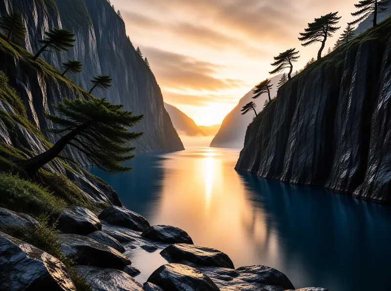 Steep rocky cliffs with pine trees border a calm fjord where the setting sun reflects brightly on the water surface.