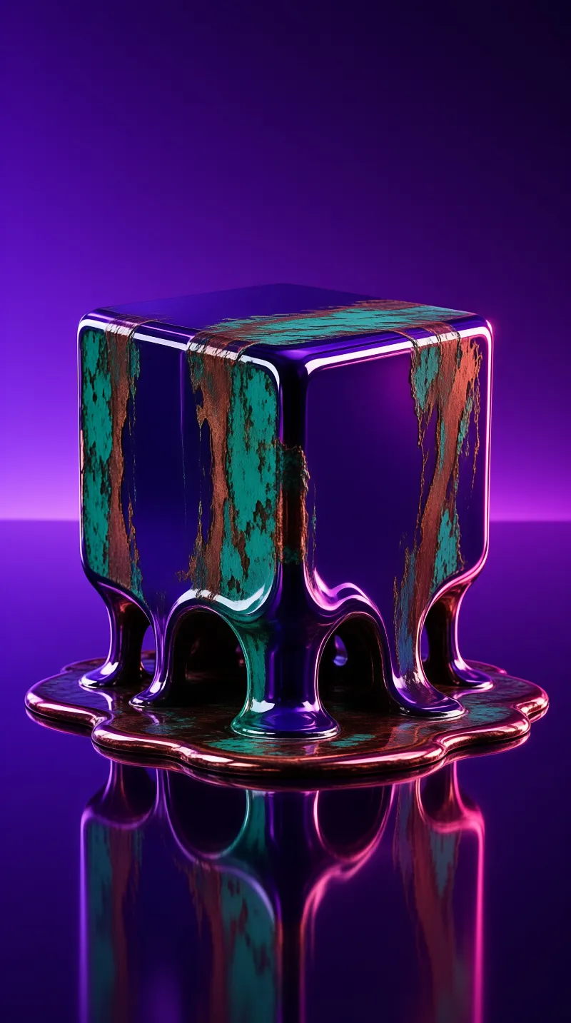 A shiny iridescent cube melts downward into a pool on a purple background with reflections.