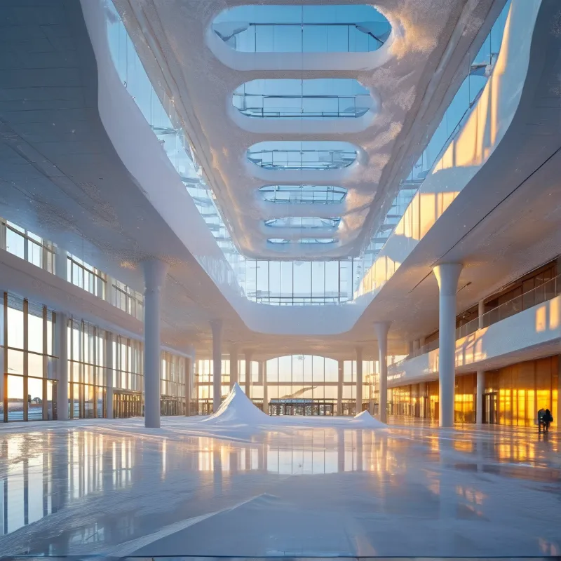 Rounded skylights and tall windows pour evening light into a white hall where snow banks cover the polished floor.